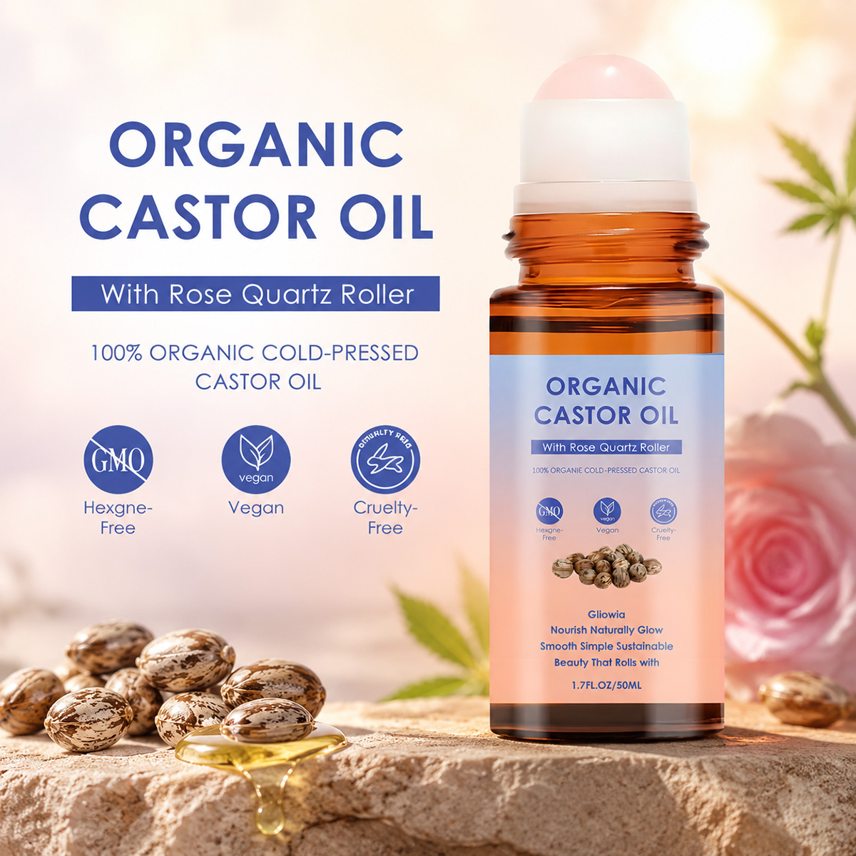 Castor Oil Cold Press - Organic Castor Oil Rose Quartz Roller